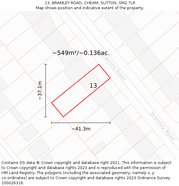 13, BRAMLEY ROAD, CHEAM, SUTTON, SM2 7LR: Plot and title map