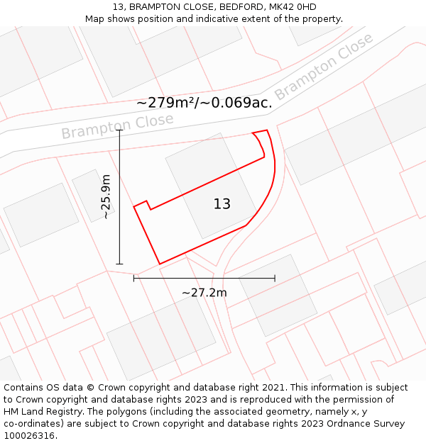 13, BRAMPTON CLOSE, BEDFORD, MK42 0HD: Plot and title map
