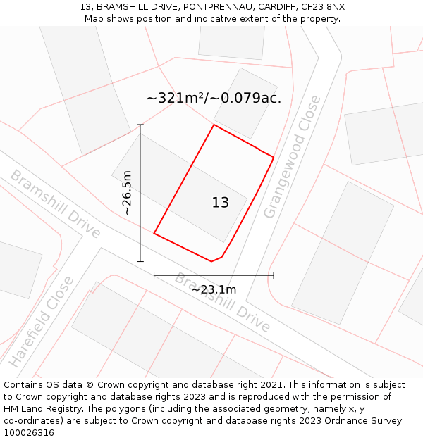 13, BRAMSHILL DRIVE, PONTPRENNAU, CARDIFF, CF23 8NX: Plot and title map