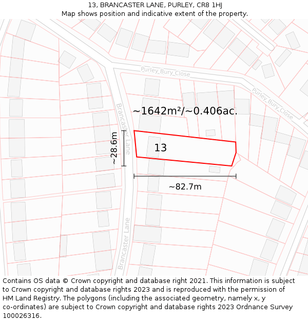 13, BRANCASTER LANE, PURLEY, CR8 1HJ: Plot and title map