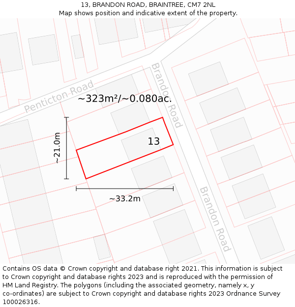 13, BRANDON ROAD, BRAINTREE, CM7 2NL: Plot and title map