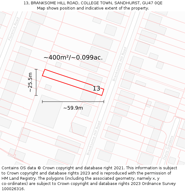 13, BRANKSOME HILL ROAD, COLLEGE TOWN, SANDHURST, GU47 0QE: Plot and title map