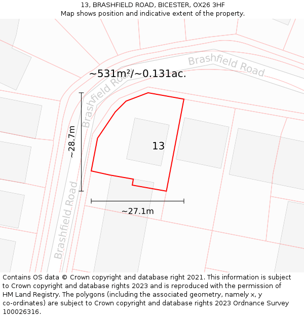 13, BRASHFIELD ROAD, BICESTER, OX26 3HF: Plot and title map