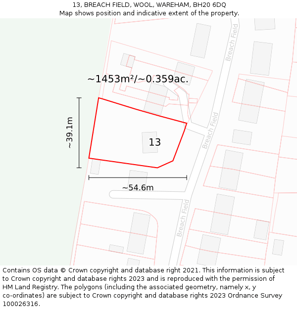 13, BREACH FIELD, WOOL, WAREHAM, BH20 6DQ: Plot and title map