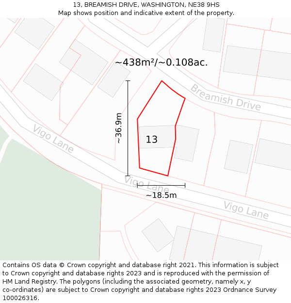 13, BREAMISH DRIVE, WASHINGTON, NE38 9HS: Plot and title map
