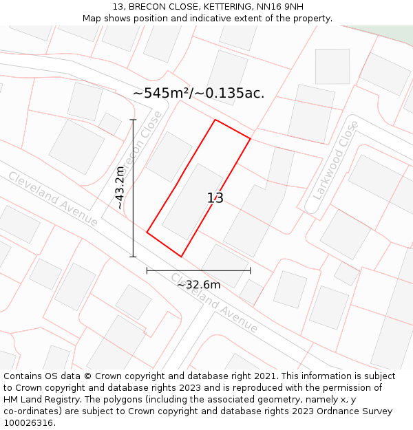13, BRECON CLOSE, KETTERING, NN16 9NH: Plot and title map