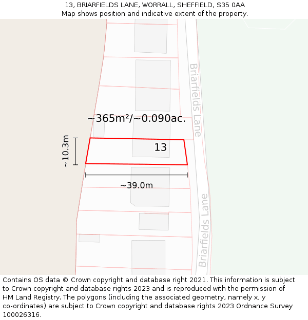 13, BRIARFIELDS LANE, WORRALL, SHEFFIELD, S35 0AA: Plot and title map