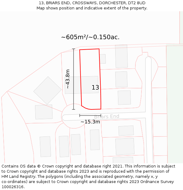 13, BRIARS END, CROSSWAYS, DORCHESTER, DT2 8UD: Plot and title map