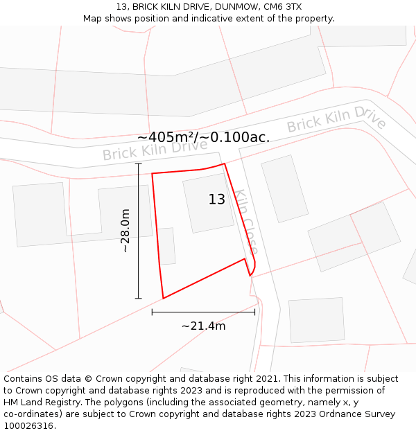 13, BRICK KILN DRIVE, DUNMOW, CM6 3TX: Plot and title map