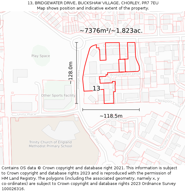 13, BRIDGEWATER DRIVE, BUCKSHAW VILLAGE, CHORLEY, PR7 7EU: Plot and title map