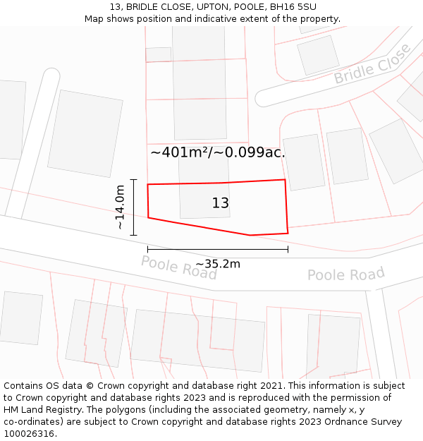 13, BRIDLE CLOSE, UPTON, POOLE, BH16 5SU: Plot and title map
