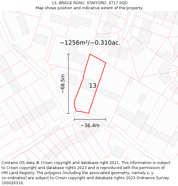 13, BRIDLE ROAD, STAFFORD, ST17 0QD: Plot and title map