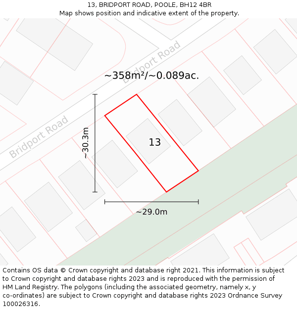 13, BRIDPORT ROAD, POOLE, BH12 4BR: Plot and title map