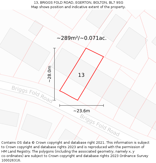 13, BRIGGS FOLD ROAD, EGERTON, BOLTON, BL7 9SG: Plot and title map