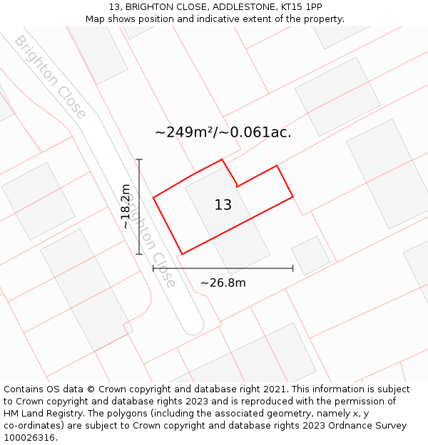 13, BRIGHTON CLOSE, ADDLESTONE, KT15 1PP: Plot and title map