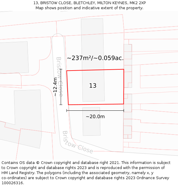 13, BRISTOW CLOSE, BLETCHLEY, MILTON KEYNES, MK2 2XP: Plot and title map