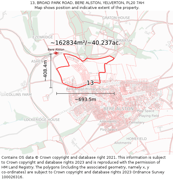13, BROAD PARK ROAD, BERE ALSTON, YELVERTON, PL20 7AH: Plot and title map