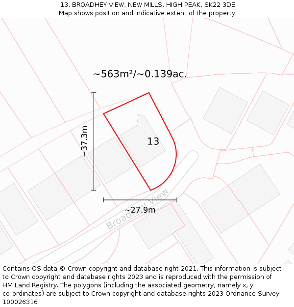 13, BROADHEY VIEW, NEW MILLS, HIGH PEAK, SK22 3DE: Plot and title map