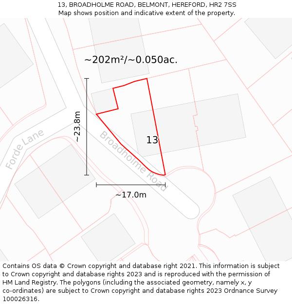 13, BROADHOLME ROAD, BELMONT, HEREFORD, HR2 7SS: Plot and title map