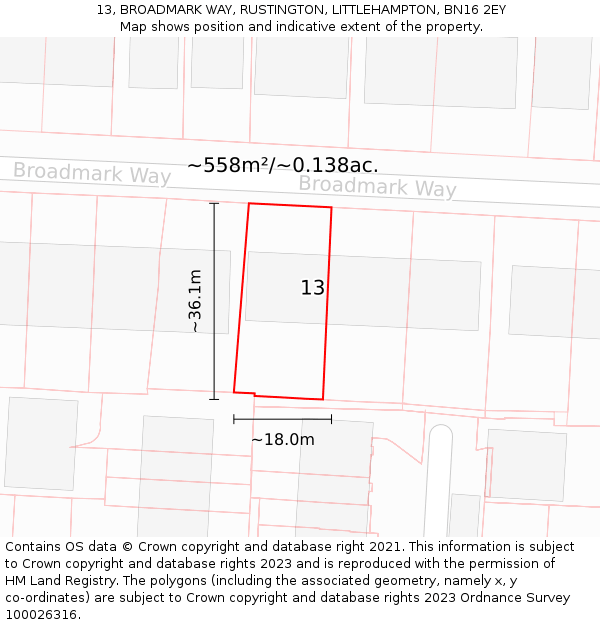13, BROADMARK WAY, RUSTINGTON, LITTLEHAMPTON, BN16 2EY: Plot and title map