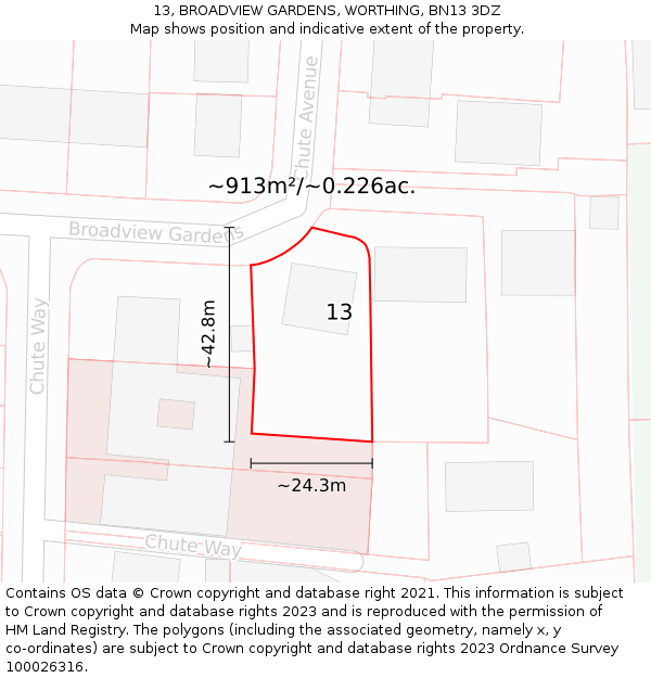 13, BROADVIEW GARDENS, WORTHING, BN13 3DZ: Plot and title map
