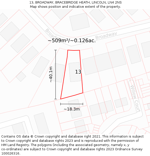 13, BROADWAY, BRACEBRIDGE HEATH, LINCOLN, LN4 2NS: Plot and title map