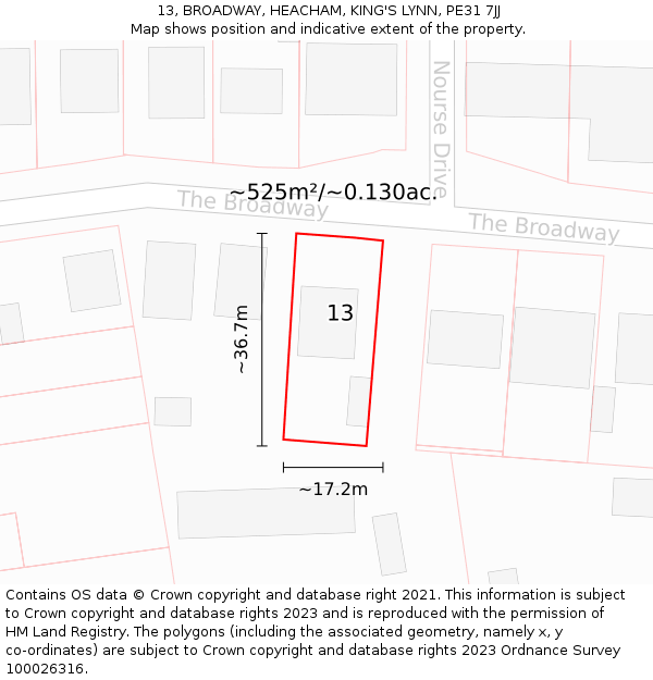 13, BROADWAY, HEACHAM, KING'S LYNN, PE31 7JJ: Plot and title map