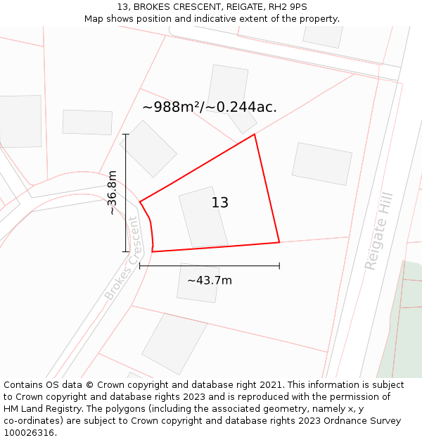 13, BROKES CRESCENT, REIGATE, RH2 9PS: Plot and title map