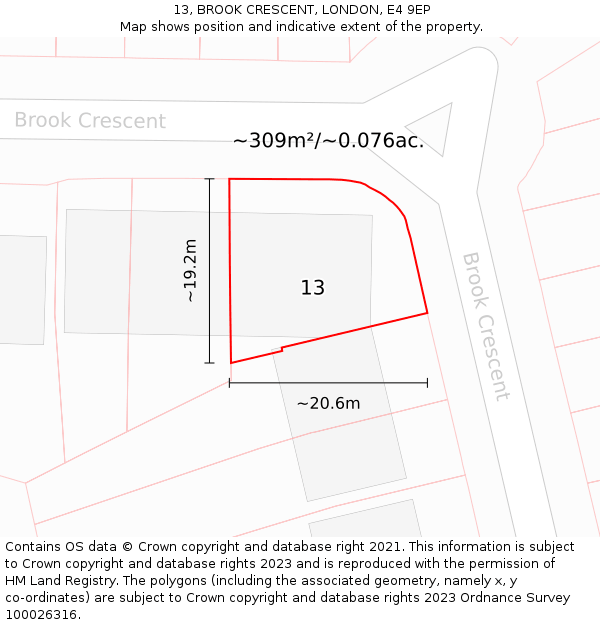 13, BROOK CRESCENT, LONDON, E4 9EP: Plot and title map