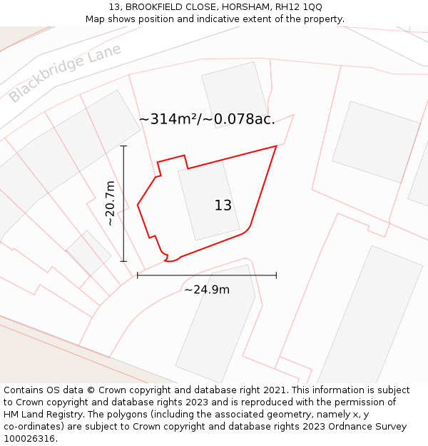 13, BROOKFIELD CLOSE, HORSHAM, RH12 1QQ: Plot and title map