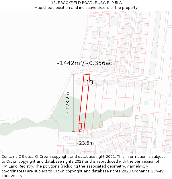 13, BROOKFIELD ROAD, BURY, BL9 5LA: Plot and title map