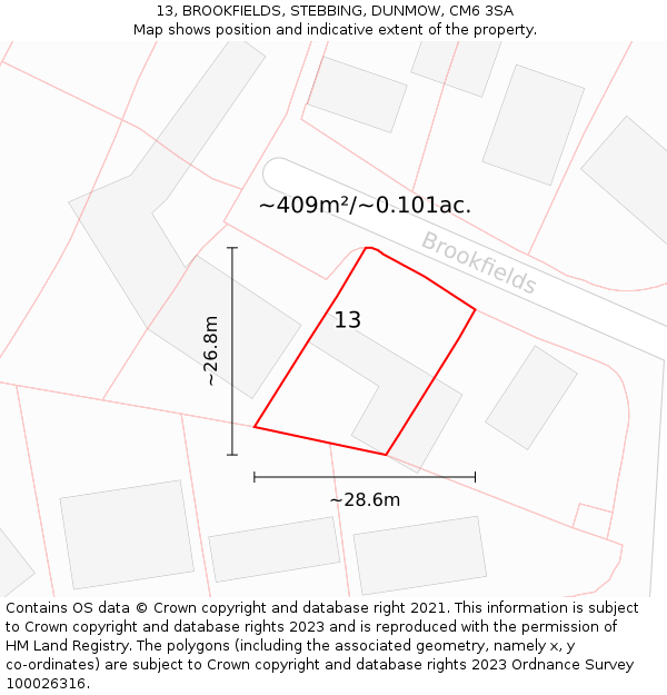 13, BROOKFIELDS, STEBBING, DUNMOW, CM6 3SA: Plot and title map