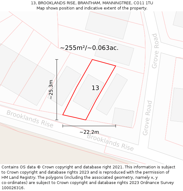 13, BROOKLANDS RISE, BRANTHAM, MANNINGTREE, CO11 1TU: Plot and title map