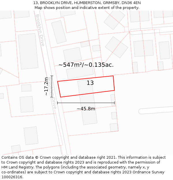 13, BROOKLYN DRIVE, HUMBERSTON, GRIMSBY, DN36 4EN: Plot and title map