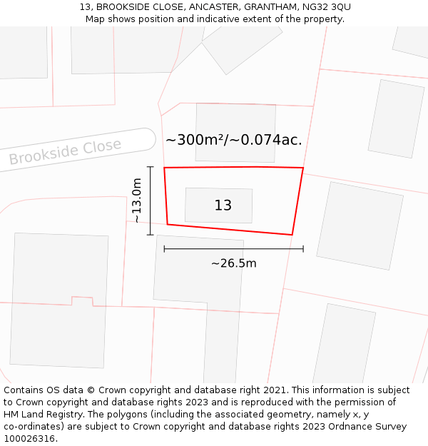 13, BROOKSIDE CLOSE, ANCASTER, GRANTHAM, NG32 3QU: Plot and title map