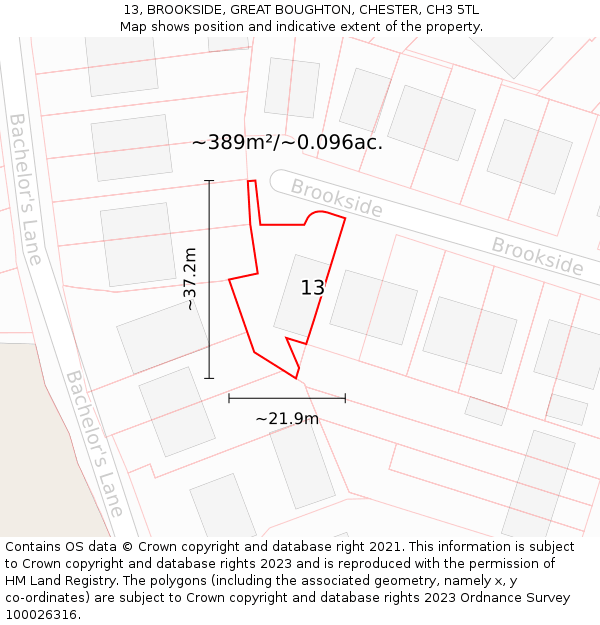 13, BROOKSIDE, GREAT BOUGHTON, CHESTER, CH3 5TL: Plot and title map