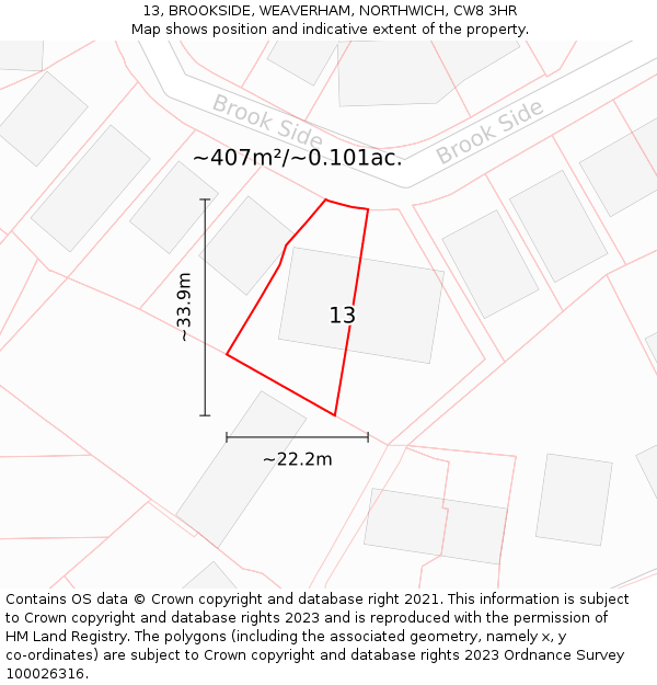 13, BROOKSIDE, WEAVERHAM, NORTHWICH, CW8 3HR: Plot and title map