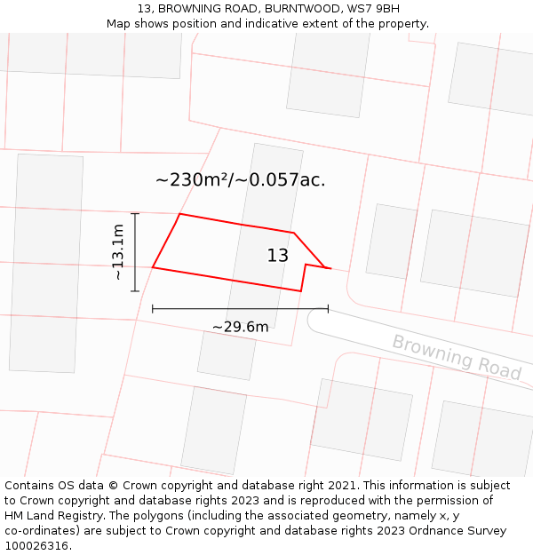 13, BROWNING ROAD, BURNTWOOD, WS7 9BH: Plot and title map