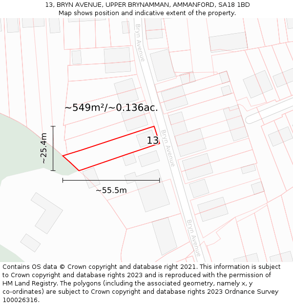 13, BRYN AVENUE, UPPER BRYNAMMAN, AMMANFORD, SA18 1BD: Plot and title map
