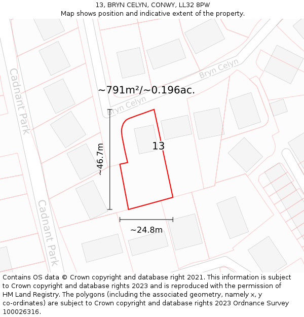 13, BRYN CELYN, CONWY, LL32 8PW: Plot and title map
