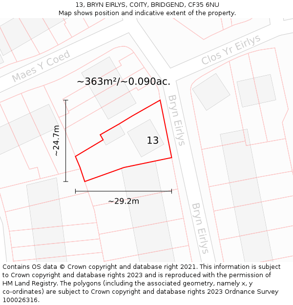 13, BRYN EIRLYS, COITY, BRIDGEND, CF35 6NU: Plot and title map