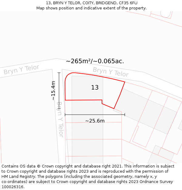 13, BRYN Y TELOR, COITY, BRIDGEND, CF35 6FU: Plot and title map