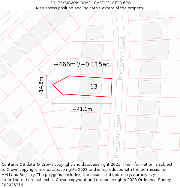 13, BRYNGWYN ROAD, CARDIFF, CF23 6PQ: Plot and title map