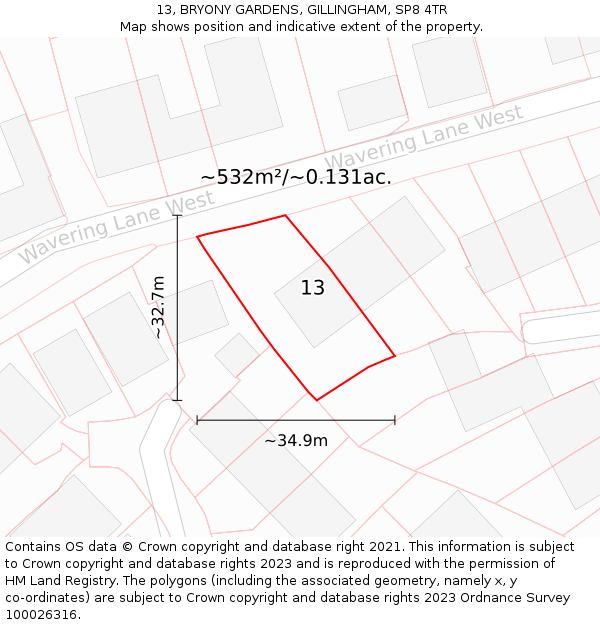 13, BRYONY GARDENS, GILLINGHAM, SP8 4TR: Plot and title map