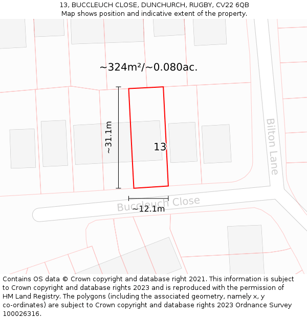 13, BUCCLEUCH CLOSE, DUNCHURCH, RUGBY, CV22 6QB: Plot and title map