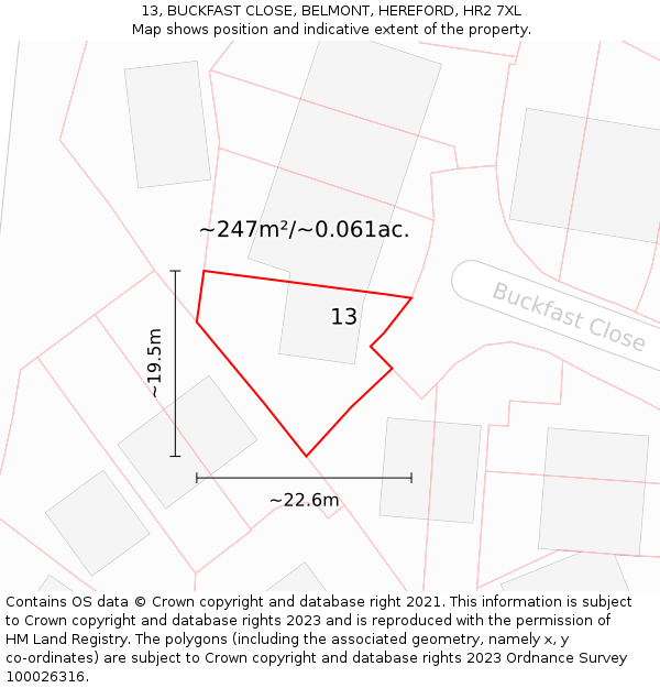 13, BUCKFAST CLOSE, BELMONT, HEREFORD, HR2 7XL: Plot and title map