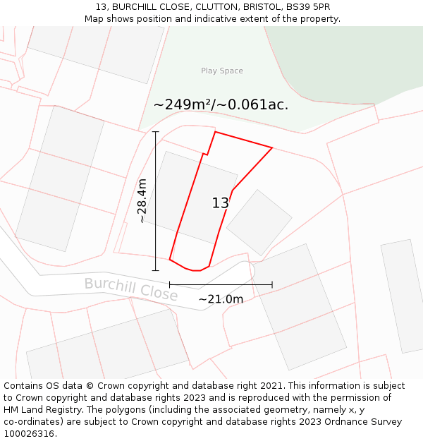 13, BURCHILL CLOSE, CLUTTON, BRISTOL, BS39 5PR: Plot and title map