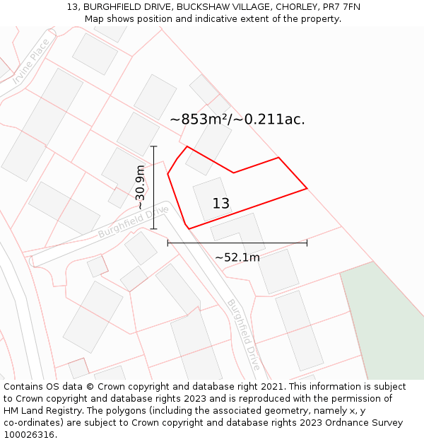 13, BURGHFIELD DRIVE, BUCKSHAW VILLAGE, CHORLEY, PR7 7FN: Plot and title map