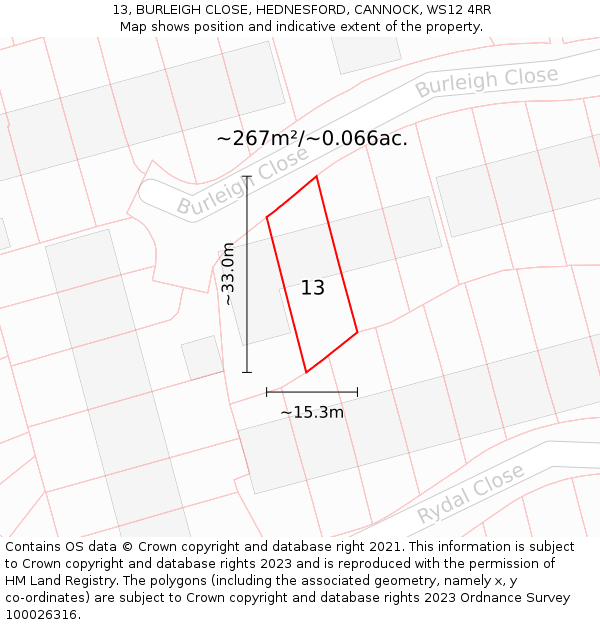 13, BURLEIGH CLOSE, HEDNESFORD, CANNOCK, WS12 4RR: Plot and title map