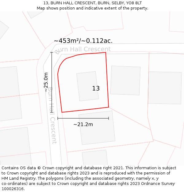 13, BURN HALL CRESCENT, BURN, SELBY, YO8 8LT: Plot and title map